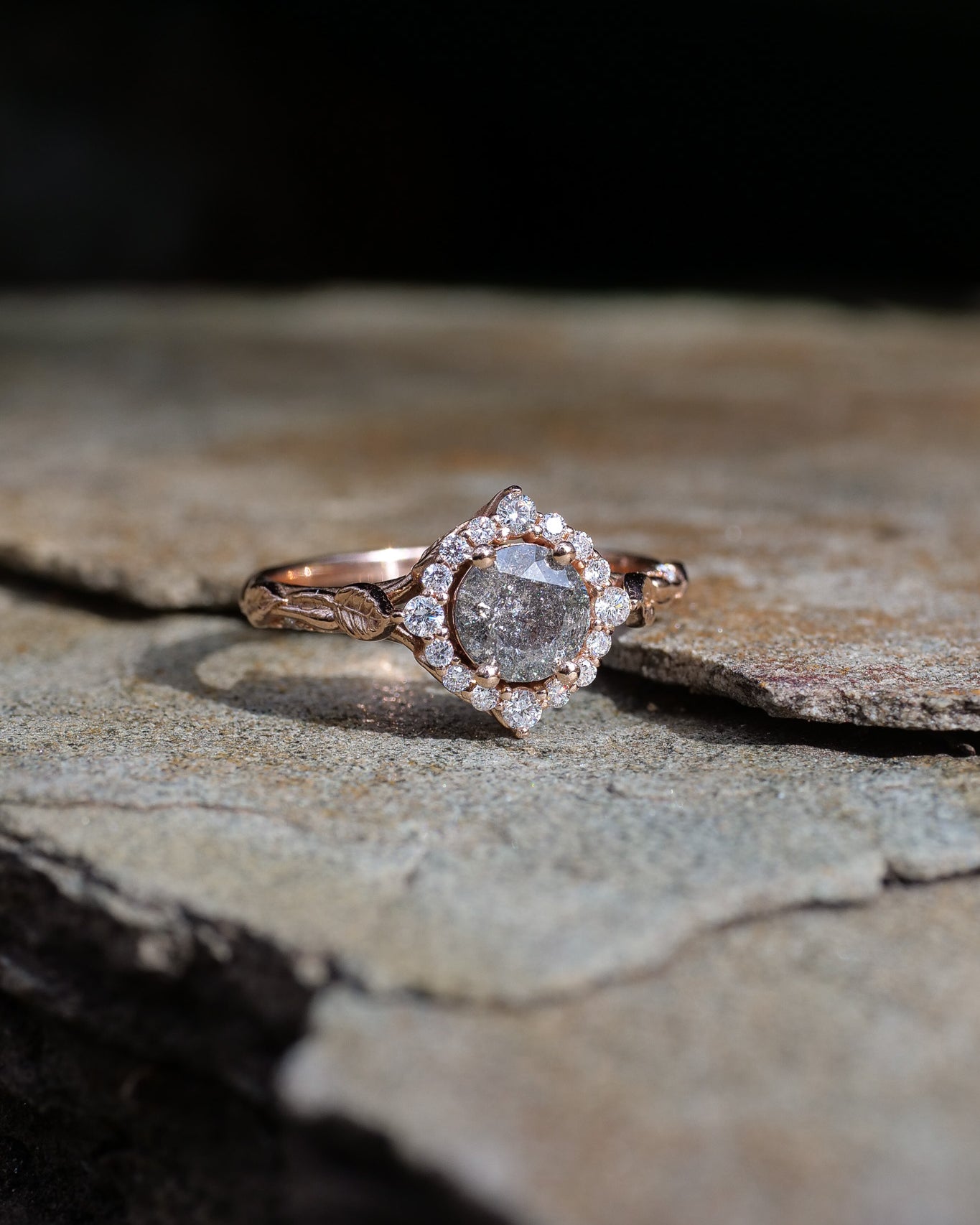 Salt & pepper diamond halo bridal set in rose vine design / Florentina - Eden Garden Jewelry™