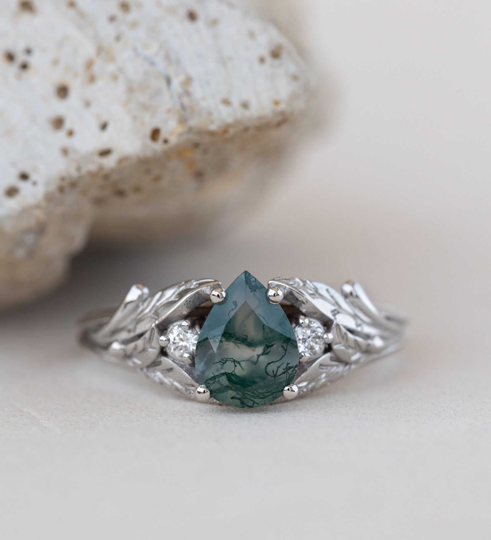 Green moss agate engagement ring, promise leaf ring with diamonds / Wisteria