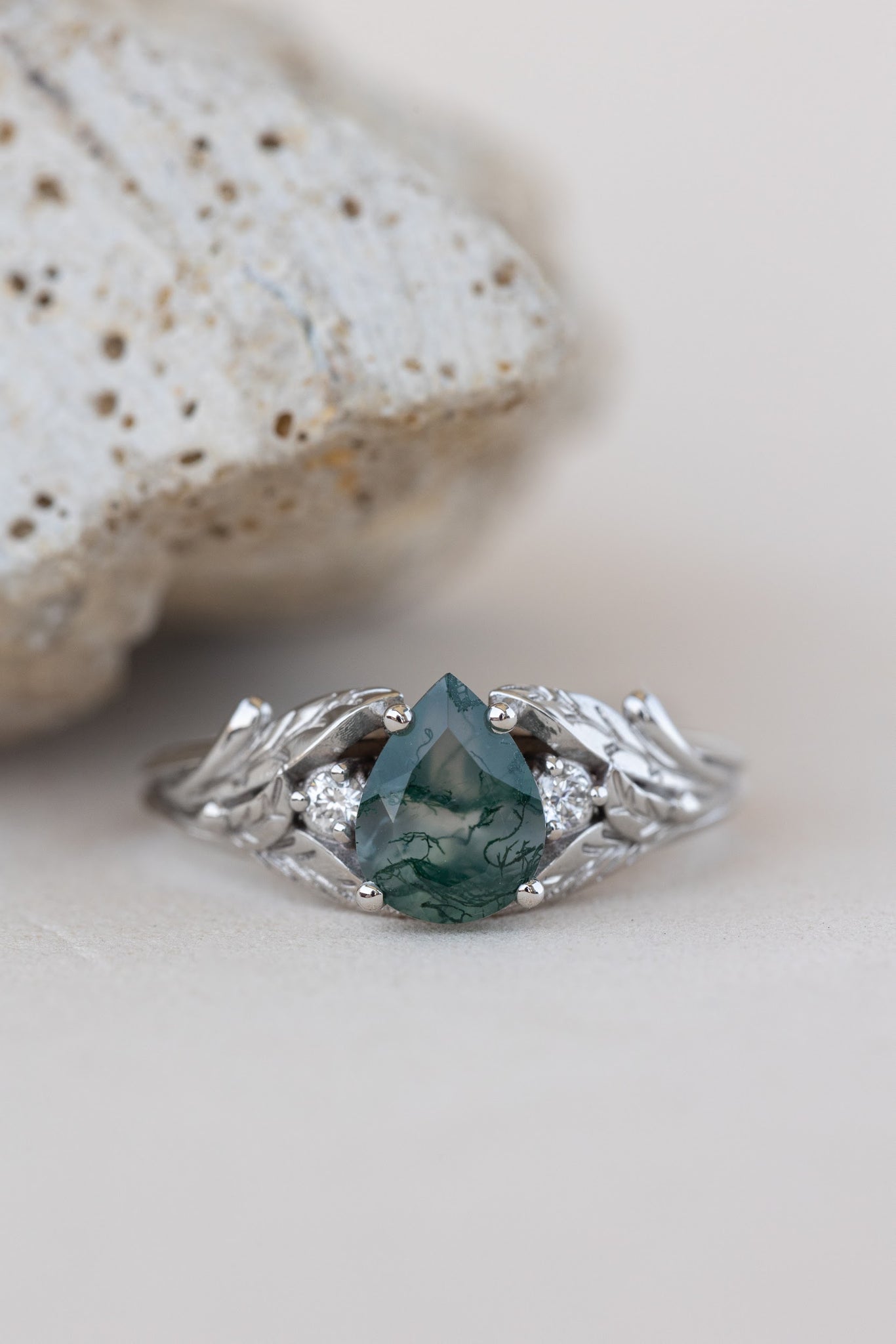 Green moss agate engagement ring, promise leaf ring with diamonds / Wisteria