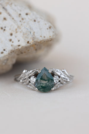 Unique moss agate engagement ring, white gold engagement ring with accent diamonds / Wisteria