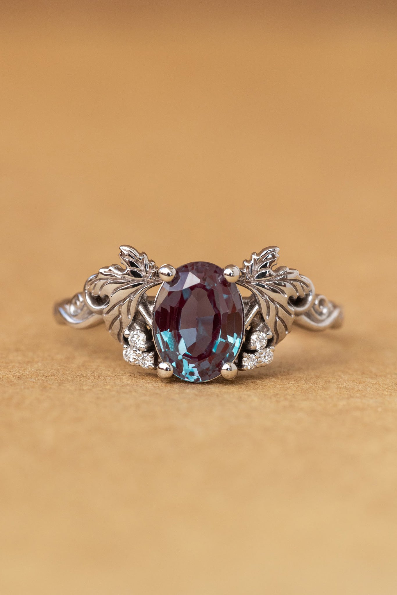 Lab-created alexandrite and lab grown diamonds engagement ring / Vineyard