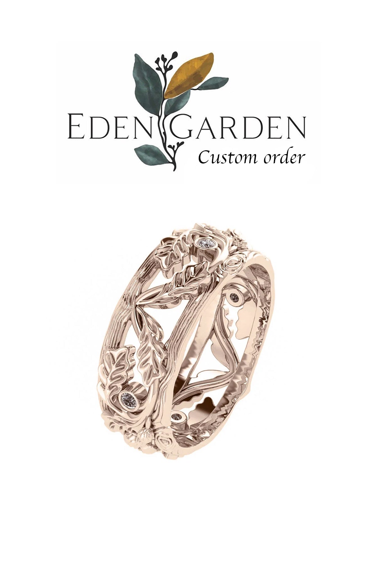 Custom order for Matthew: oak leaves and acorns wedding band with natural alexandrites - Eden Garden Jewelry™