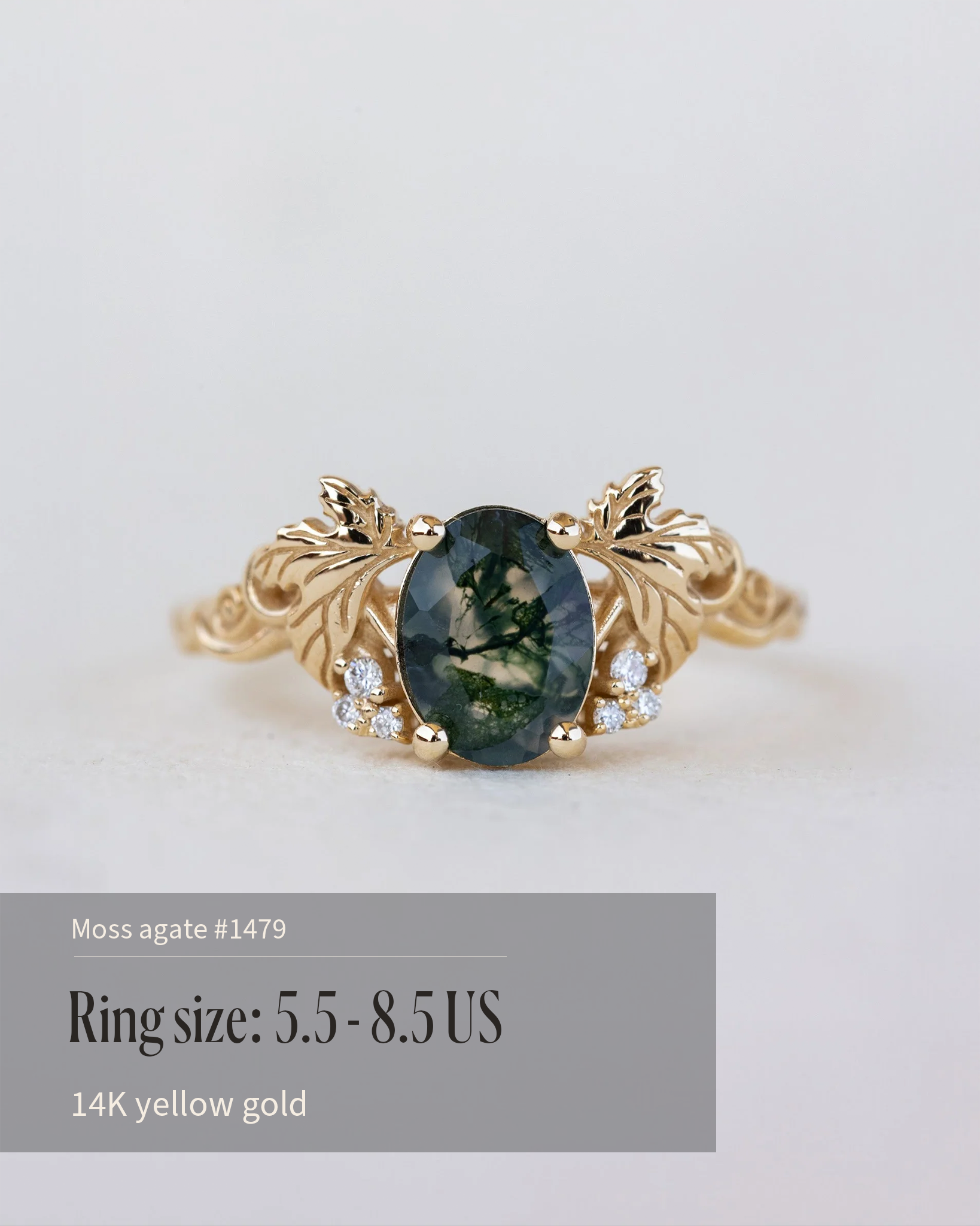 READY TO SHIP Vineyard engagement ring in 14K yellow gold, oval moss agate 8x6, accent lab grown diamonds, AVAILABLE RING SIZE: 5.5 - 8.5 US - Eden Garden Jewelry™