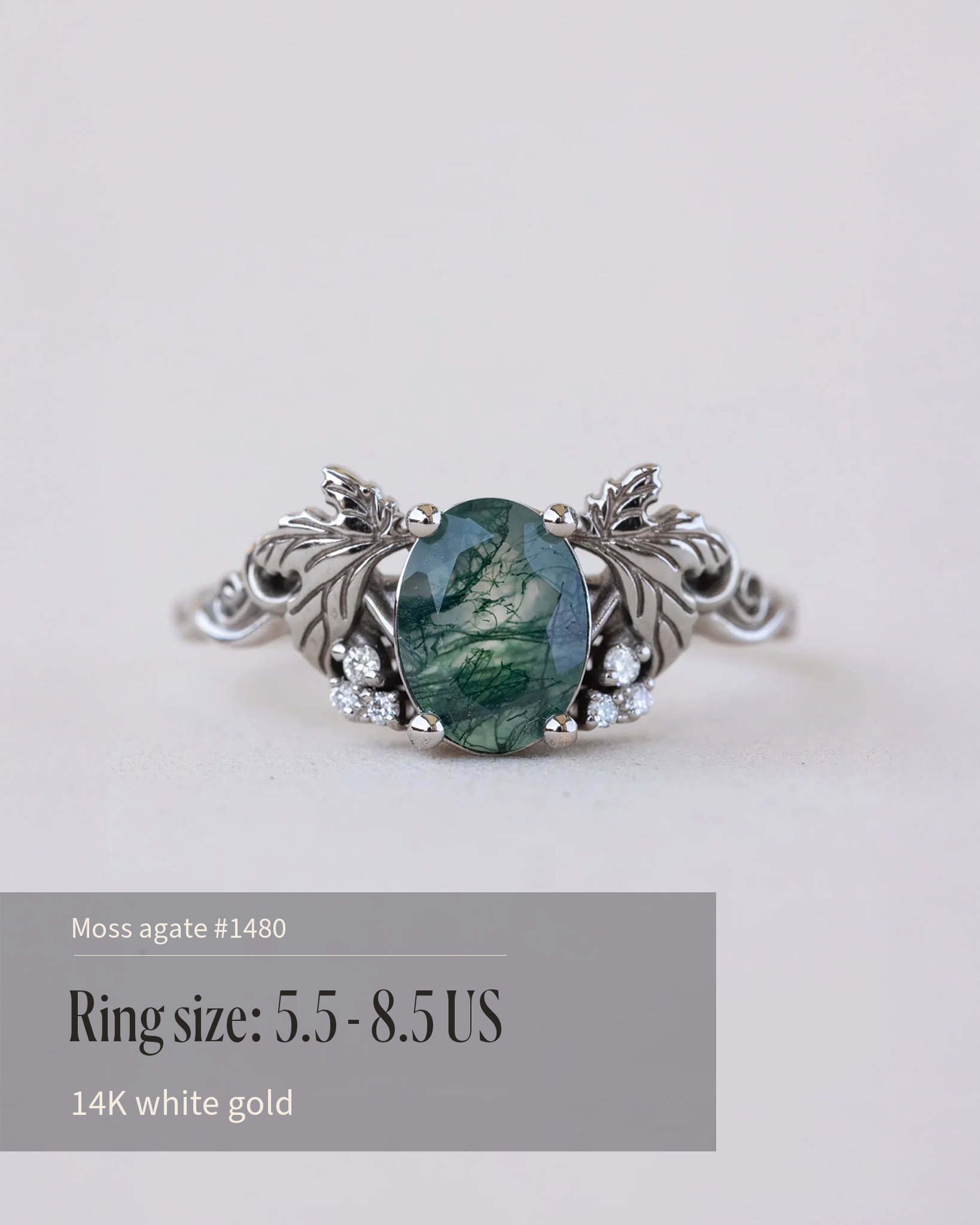 READY TO SHIP Vineyard engagement ring in 14K white gold, moss agate 8x6mm, accent lab grown diamonds, AVAILABLE RING SIZE: 5.5 - 8.5 US - Eden Garden Jewelry™