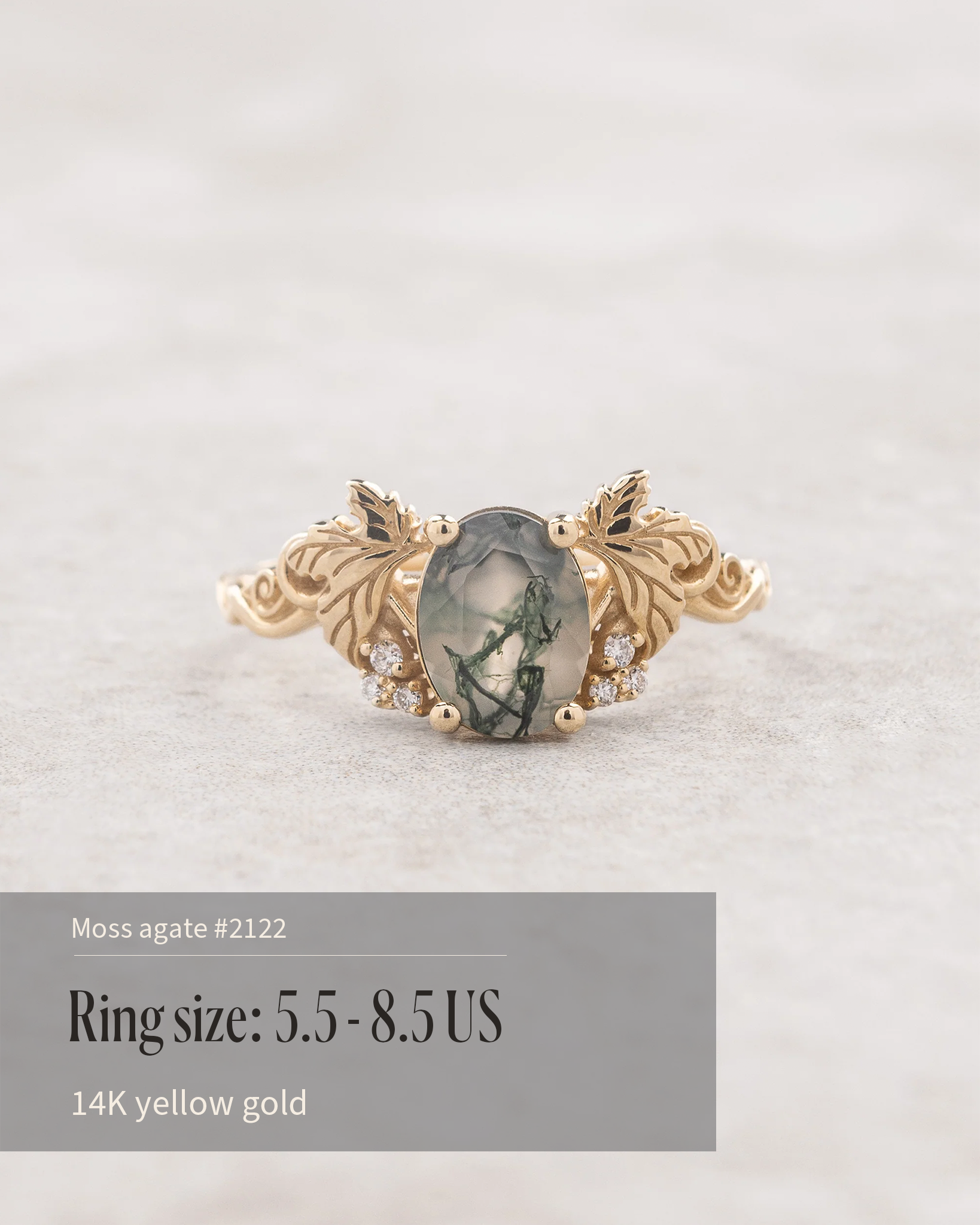 READY TO SHIP Vineyard engagement ring in 14K yellow gold, oval moss agate 8x6, accent lab grown diamonds, AVAILABLE RING SIZE: 5.5 - 8.5 US - Eden Garden Jewelry™