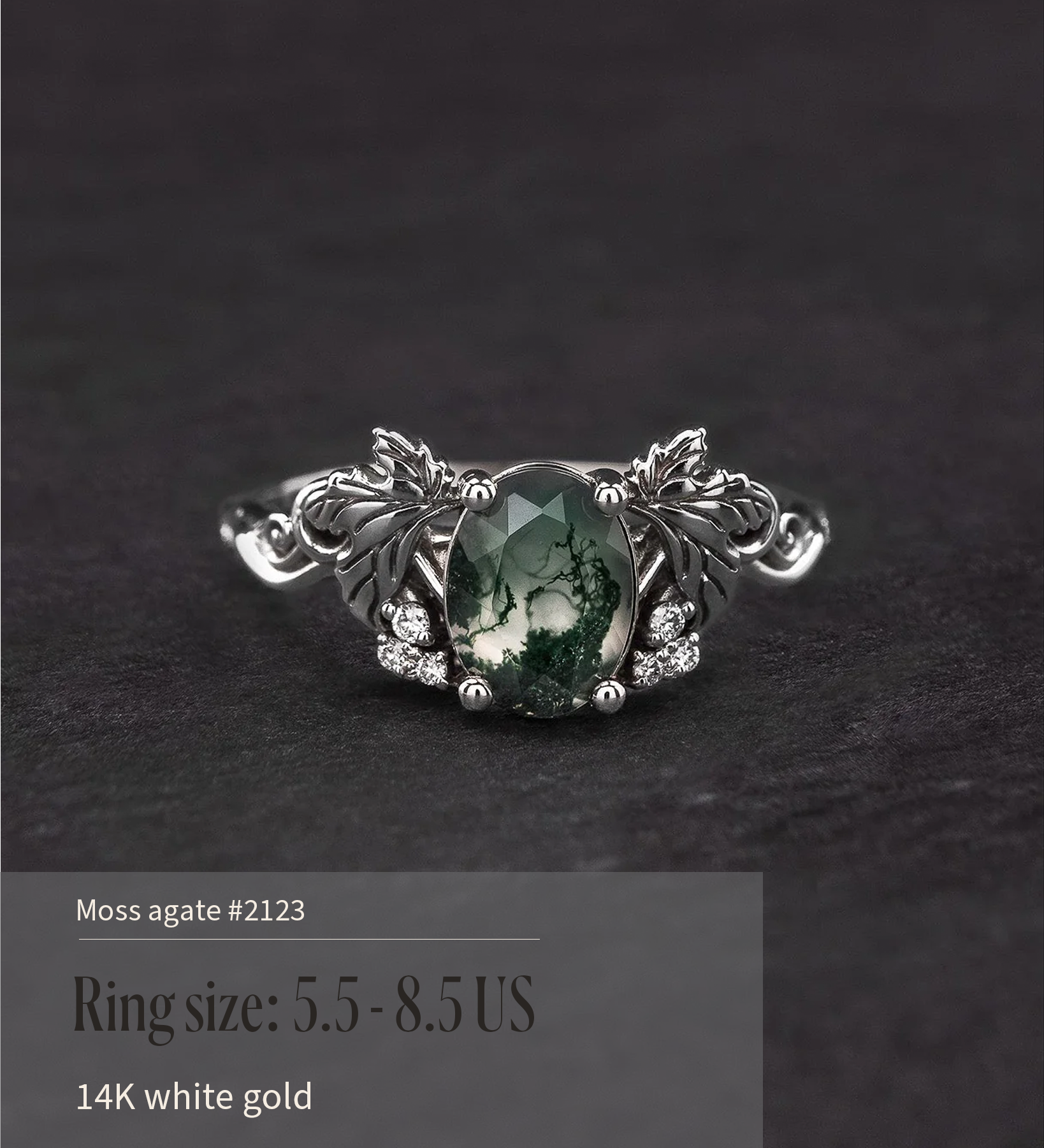 READY TO SHIP Vineyard engagement ring in 14K white gold, moss agate 8x6mm, accent lab grown diamonds, AVAILABLE RING SIZE: 5.5 - 8.5 US