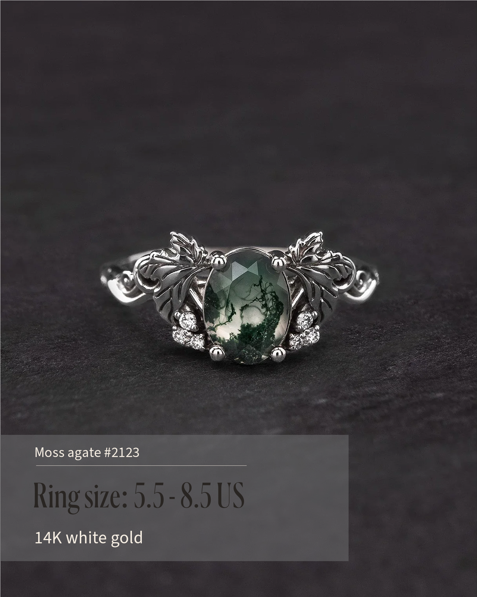 READY TO SHIP Vineyard engagement ring in 14K white gold, moss agate 8x6mm, accent lab grown diamonds, AVAILABLE RING SIZE: 5.5 - 8.5 US - Eden Garden Jewelry™