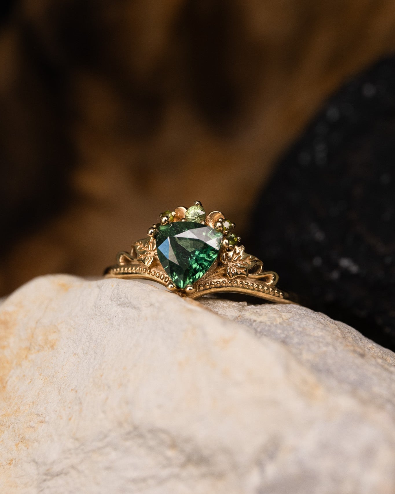 READY TO SHIP: Ariadne engagement ring in 14K yellow gold, natural green/teal sapphire, accent natural green sapphires, AVAILABLE RING SIZES: 7.5 - 10.5 US - Eden Garden Jewelry™