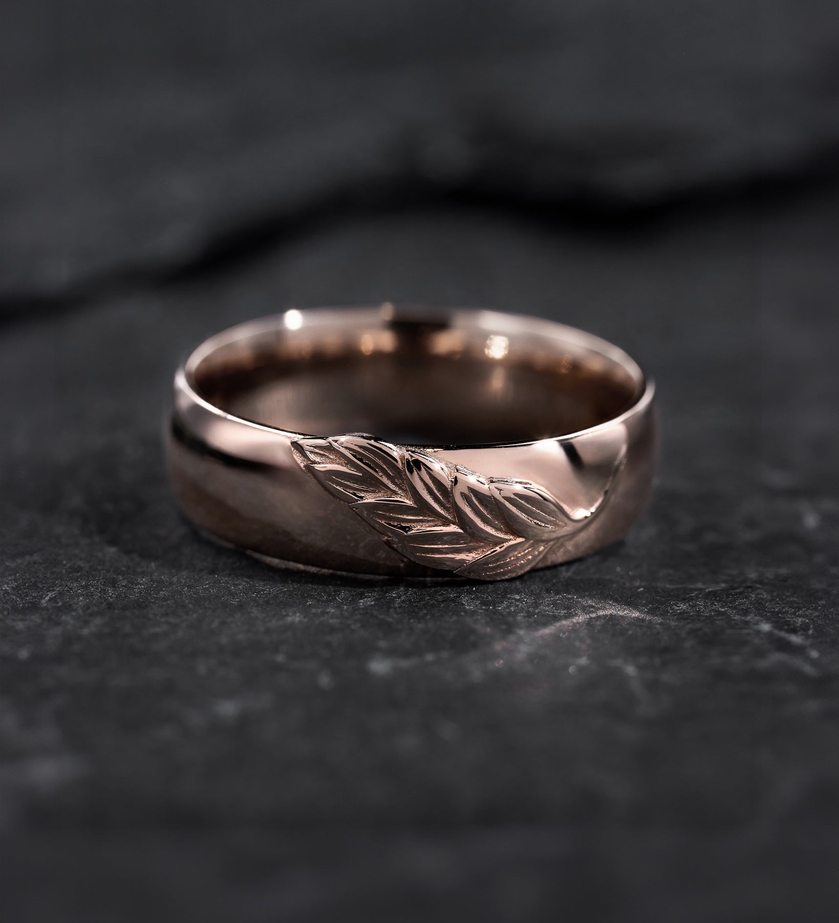 Nature Wedding Ring For Men, Gold Leaf Wedding Band, High Polish