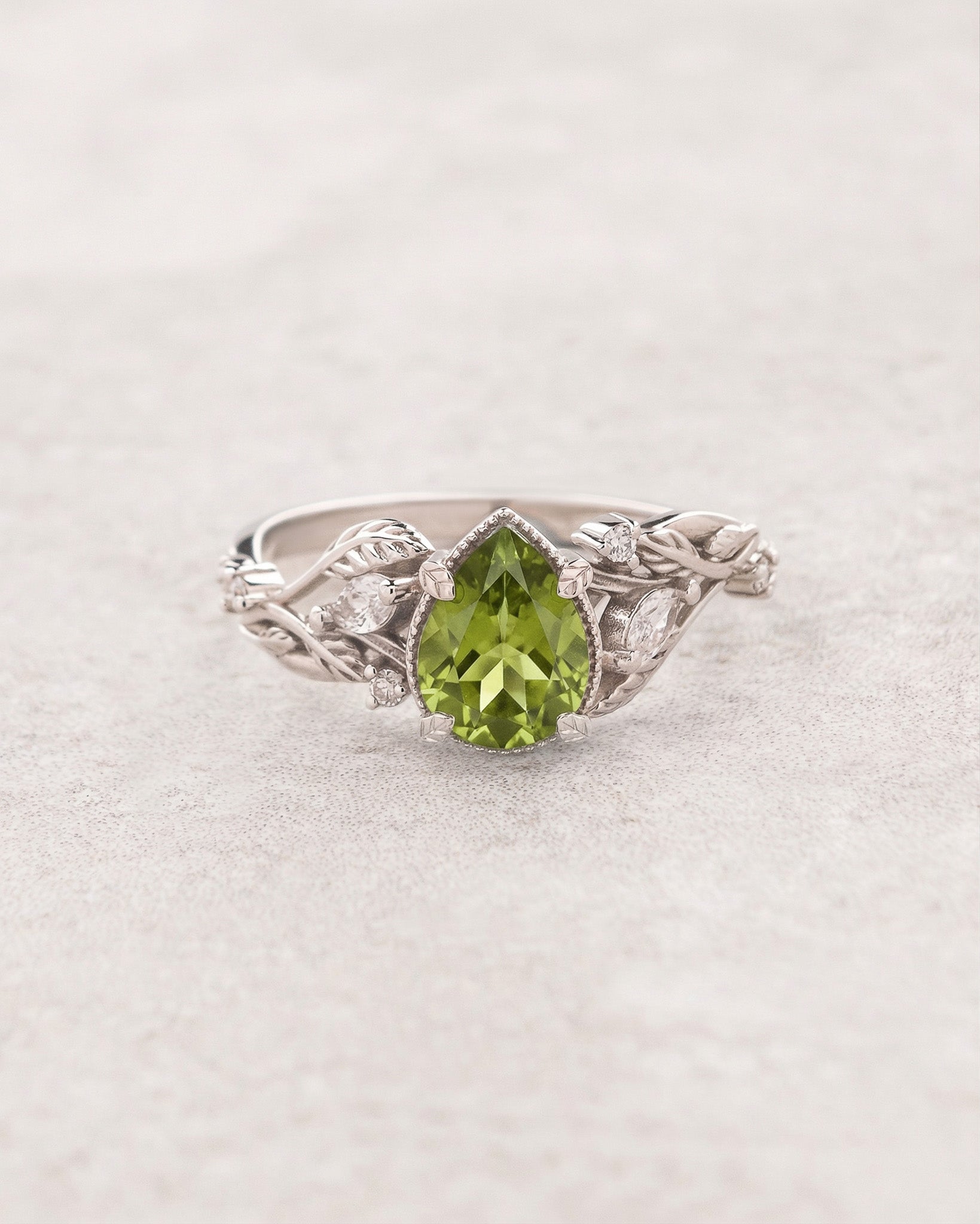 Natural peridot engagement ring, gold vines and leaves ring with accent diamonds  / Patricia - Eden Garden Jewelry™