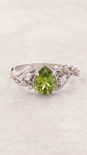 Natural peridot engagement ring, gold vines and leaves ring with accent diamonds  / Patricia - Eden Garden Jewelry™
