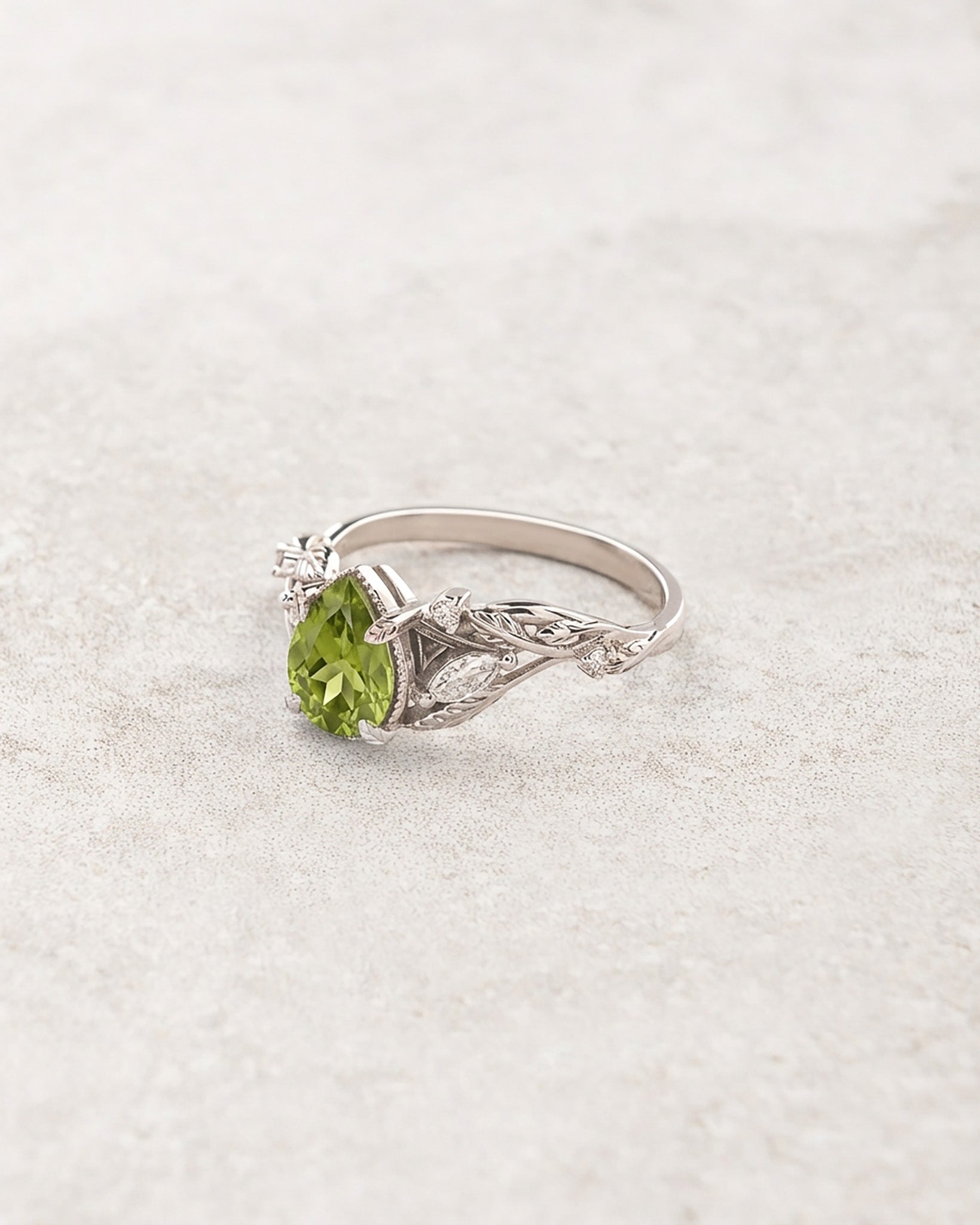 Natural peridot engagement ring, gold vines and leaves ring with accent diamonds  / Patricia - Eden Garden Jewelry™