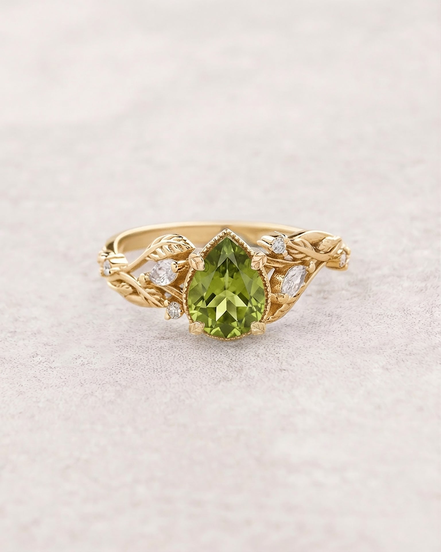Natural peridot engagement ring, gold vines and leaves ring with accent diamonds  / Patricia - Eden Garden Jewelry™