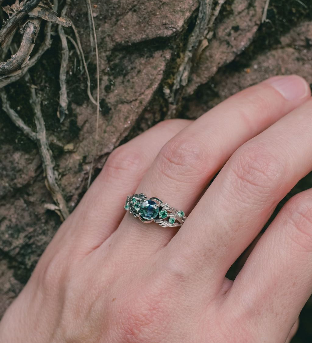 Custom order: Japanese Maple engagement ring with teal sapphire and emeralds - Eden Garden Jewelry™