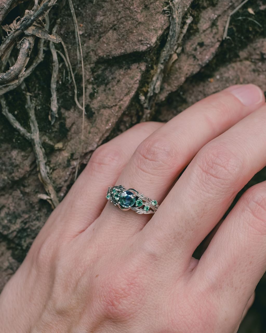 Custom order: Japanese Maple engagement ring with teal sapphire and emeralds - Eden Garden Jewelry™