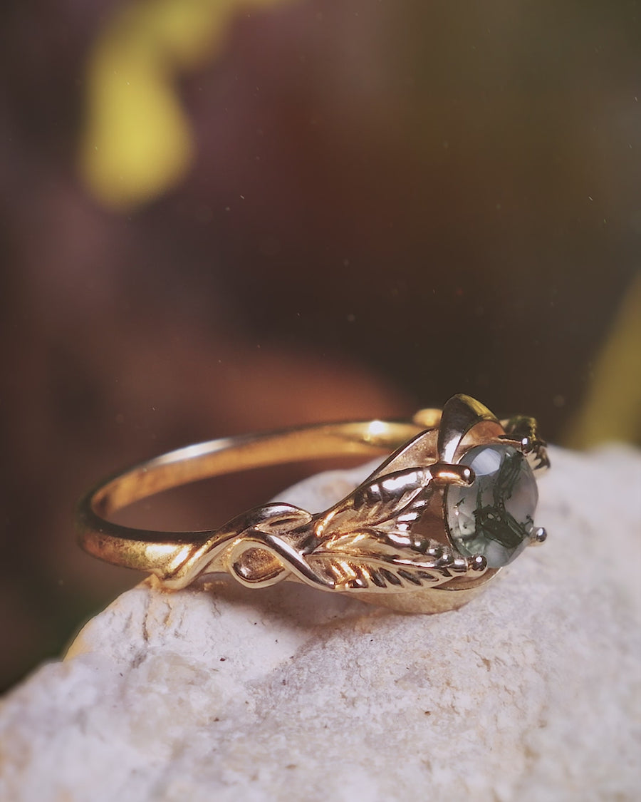 Delicate Engagement Ring With Moss Agate | Gold Leaf Ring for Proposal ...
