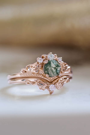 READY TO SHIP: Ariadne bridal ring set in 14K or 18K rose gold, natural moss agate 5 mm, accents moissanites, AVAILABLE RING SIZES: 4.5-11US - Eden Garden Jewelry™