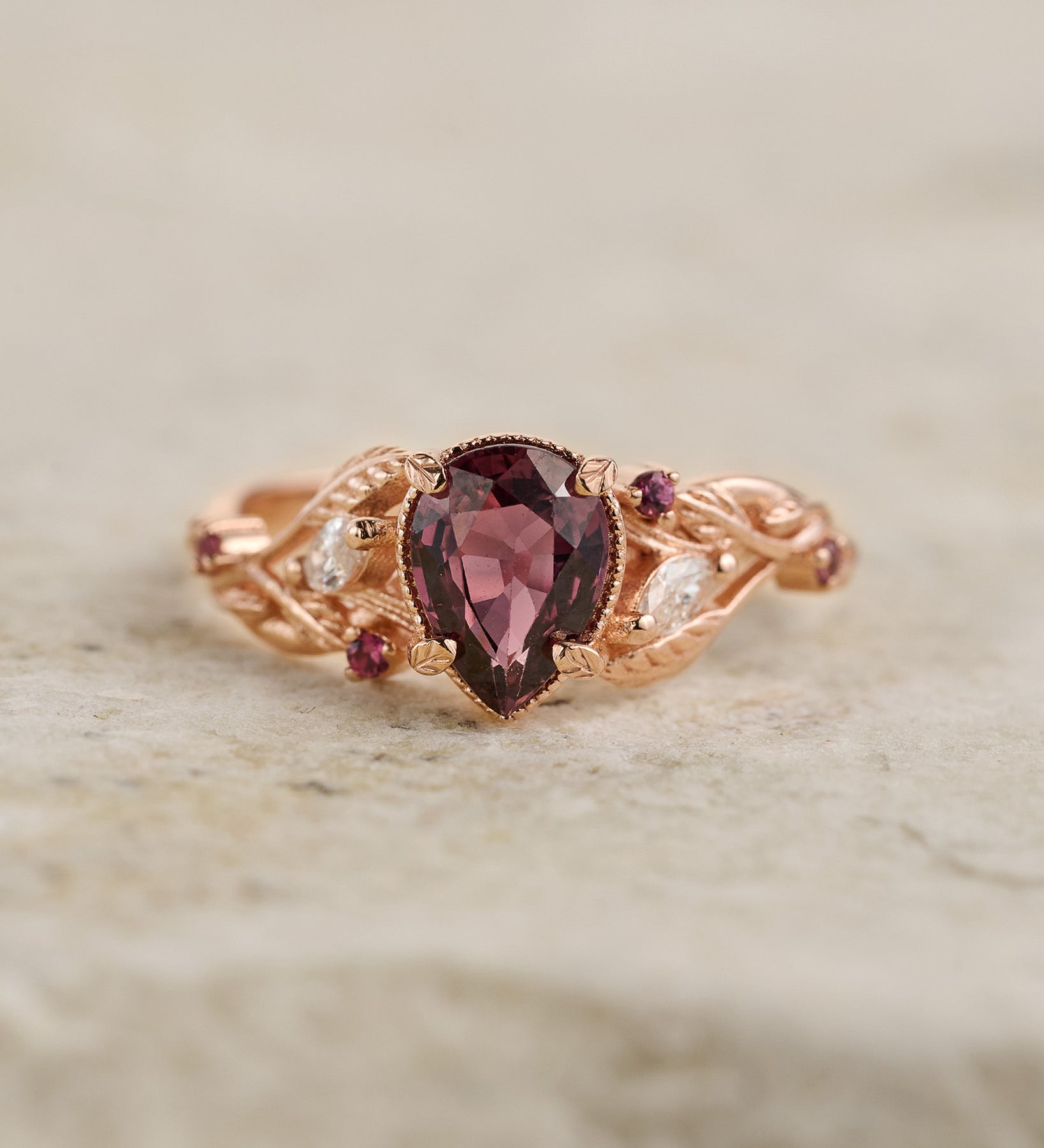 READY TO SHIP: Patricia ring in 14K rose gold, pinkish brown sapphire, pear cut 8x6 mm, accent diamonds & pink sapphires, AVAILABLE RING SIZES: 5.5 - 8.5 US - Eden Garden Jewelry™