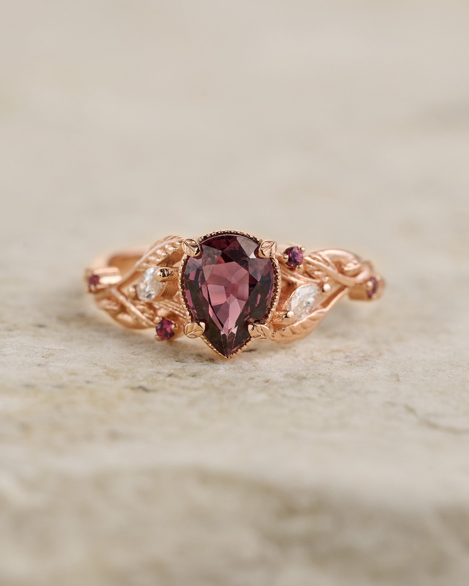 READY TO SHIP: Patricia ring in 14K rose gold, pinkish brown sapphire, pear cut 8x6 mm, accent diamonds & pink sapphires, AVAILABLE RING SIZES: 5.5 - 8.5 US - Eden Garden Jewelry™