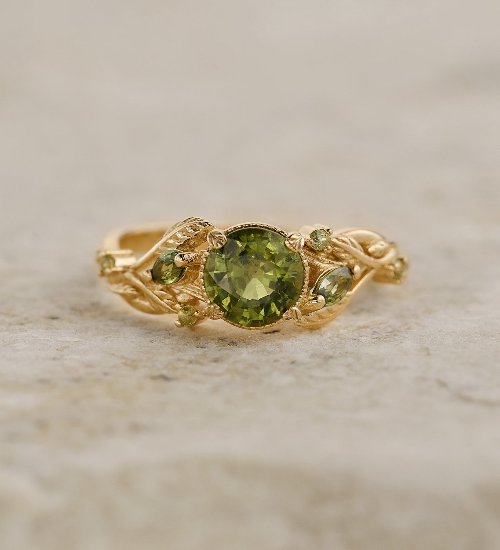 READY TO SHIP: Patricia ring in 14K yellow gold, green sapphire, round cut 6.5mm, accent sapphires & peridots, AVAILABLE RING SIZES: 5.5 - 8.5 US - Eden Garden Jewelry™