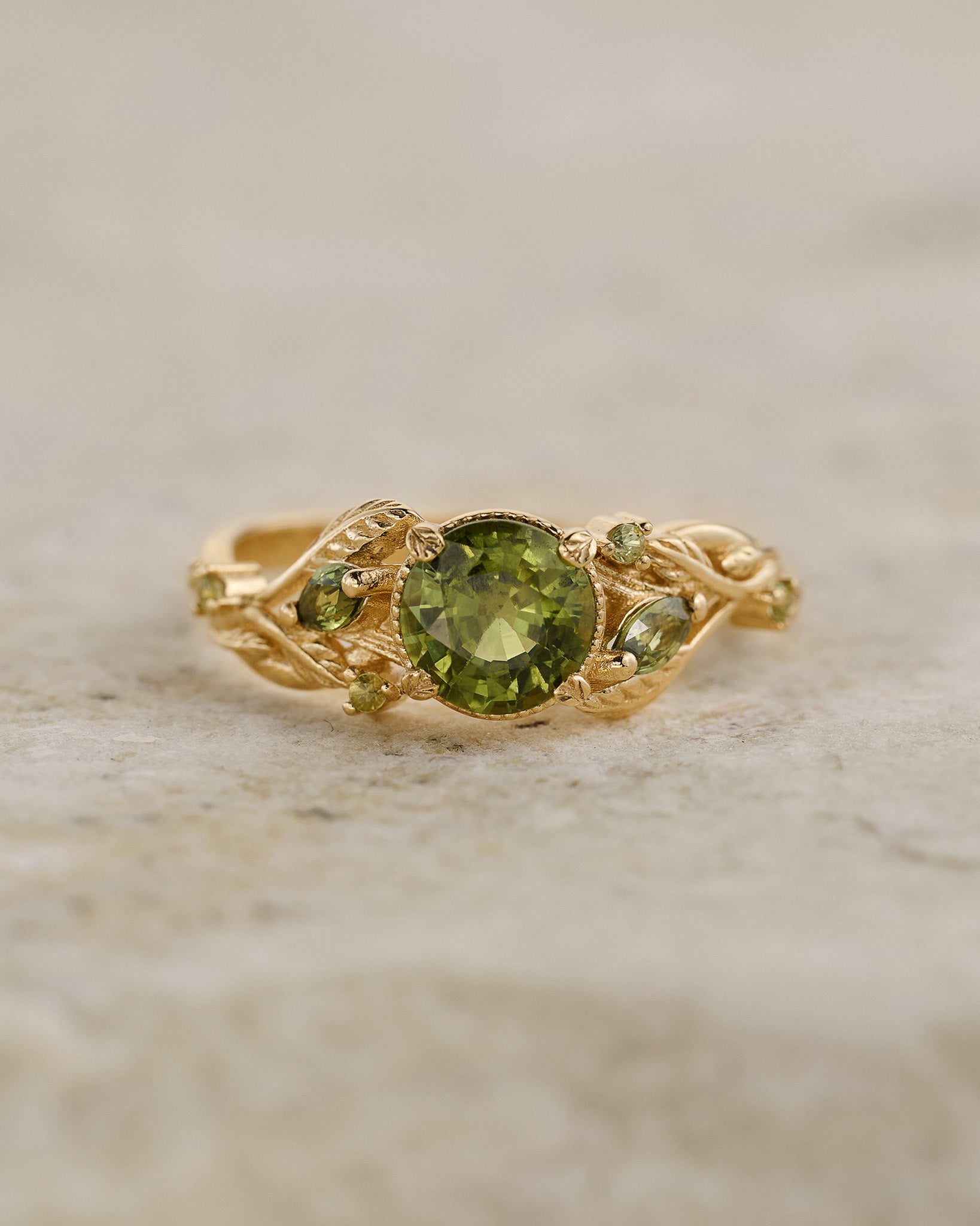 READY TO SHIP: Patricia ring in 14K yellow gold, green sapphire, round cut 6.5mm, accent sapphires & peridots, AVAILABLE RING SIZES: 5.5 - 8.5 US - Eden Garden Jewelry™