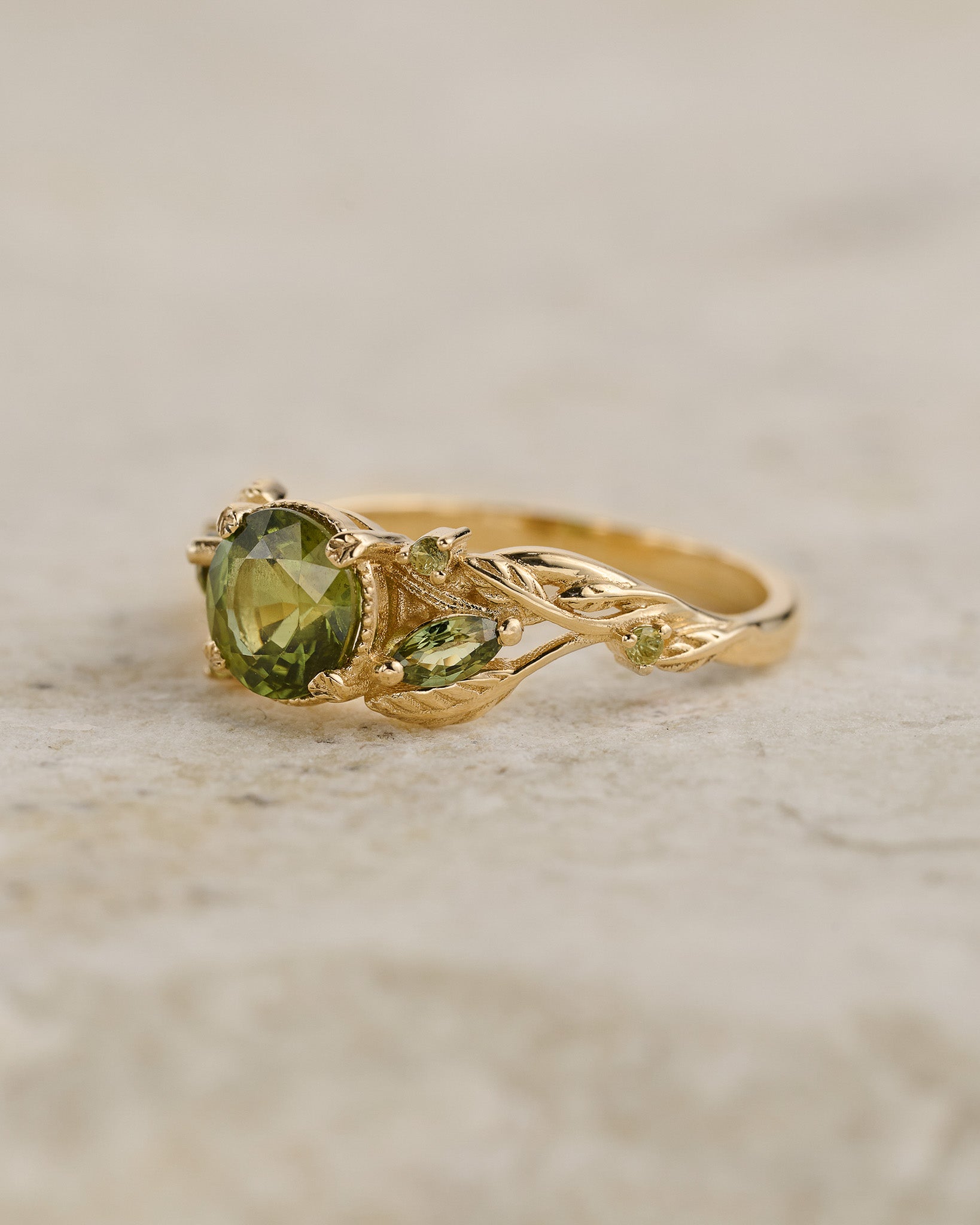 READY TO SHIP: Patricia ring in 14K yellow gold, green sapphire, round cut 6.5mm, accent sapphires & peridots, AVAILABLE RING SIZES: 5.5 - 8.5 US - Eden Garden Jewelry™