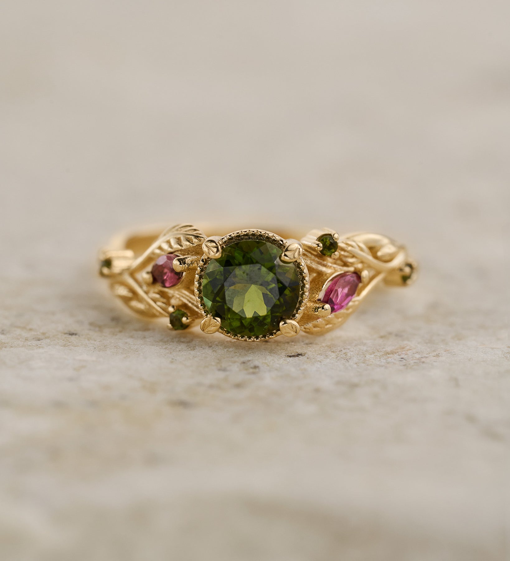 READY TO SHIP: Patricia ring in 14K yellow gold, green tourmaline, round cut 6mm, accent tourmalines, AVAILABLE RING SIZES: 5.5 - 8.5 US - Eden Garden Jewelry™