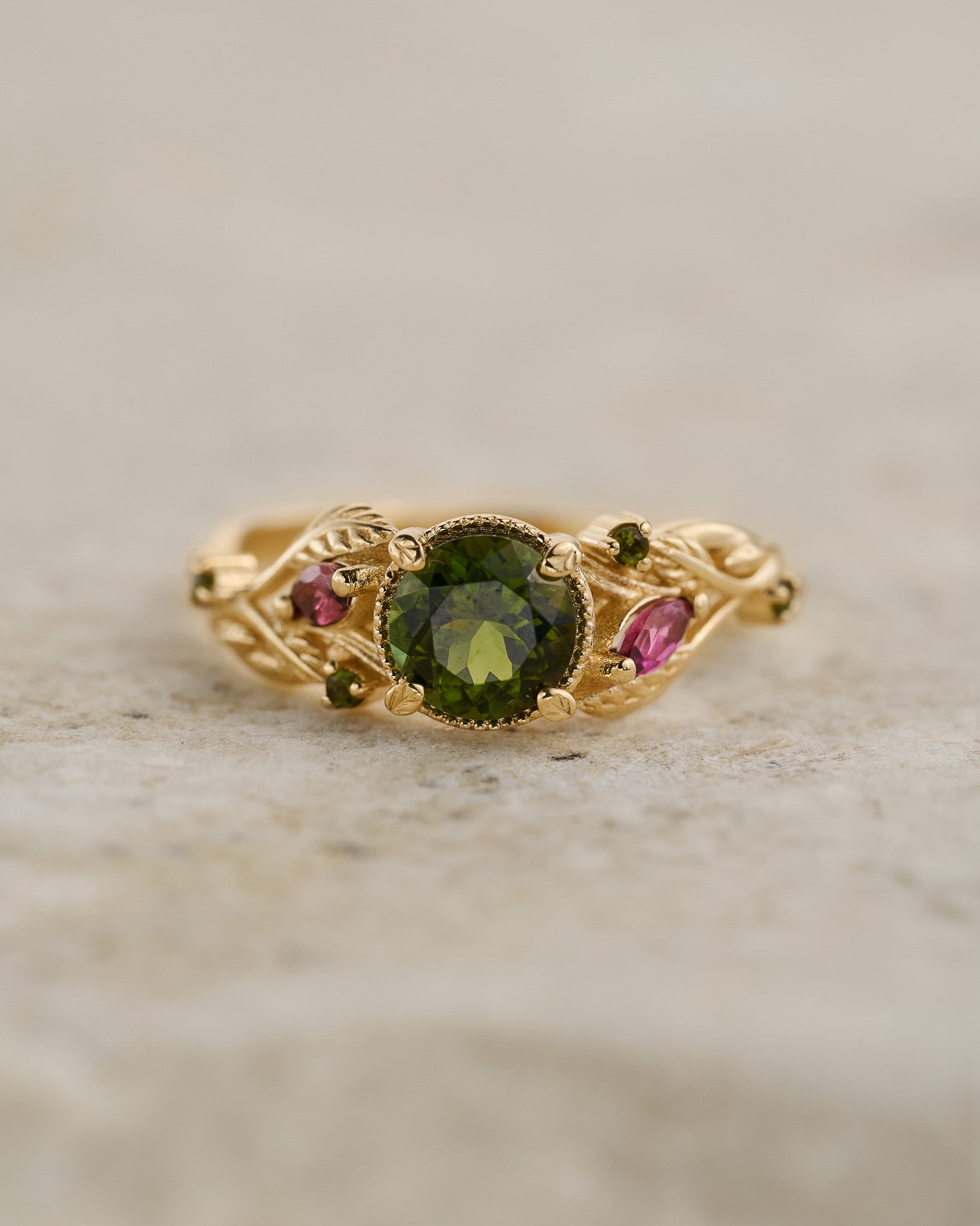 READY TO SHIP: Patricia ring in 14K yellow gold, green tourmaline, round cut 6mm, accent tourmalines, AVAILABLE RING SIZES: 5.5 - 8.5 US - Eden Garden Jewelry™