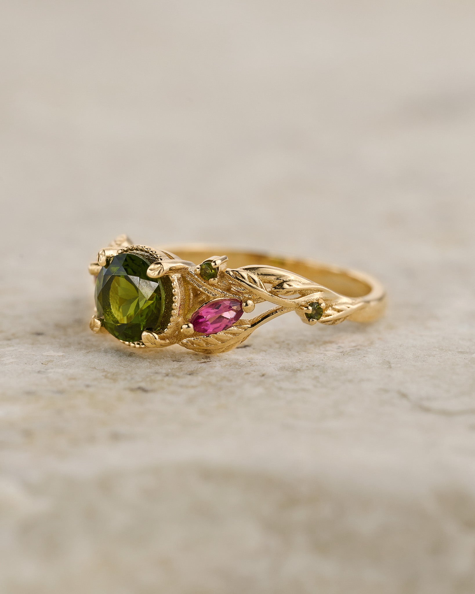 READY TO SHIP: Patricia ring in 14K yellow gold, green tourmaline, round cut 6mm, accent tourmalines, AVAILABLE RING SIZES: 5.5 - 8.5 US - Eden Garden Jewelry™