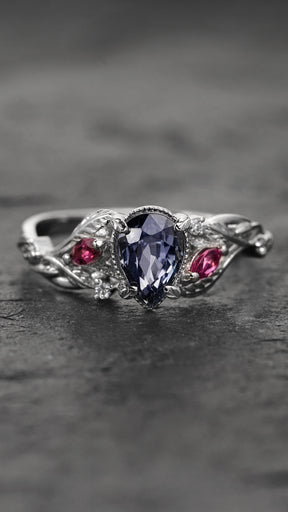 READY TO SHIP: Patricia ring in 14K white gold, central spinel, pear cut 7x5 mm, accent tourmalines and lab diamonds, AVAILABLE RING SIZES: 5.5 - 8.5 US - Eden Garden Jewelry™