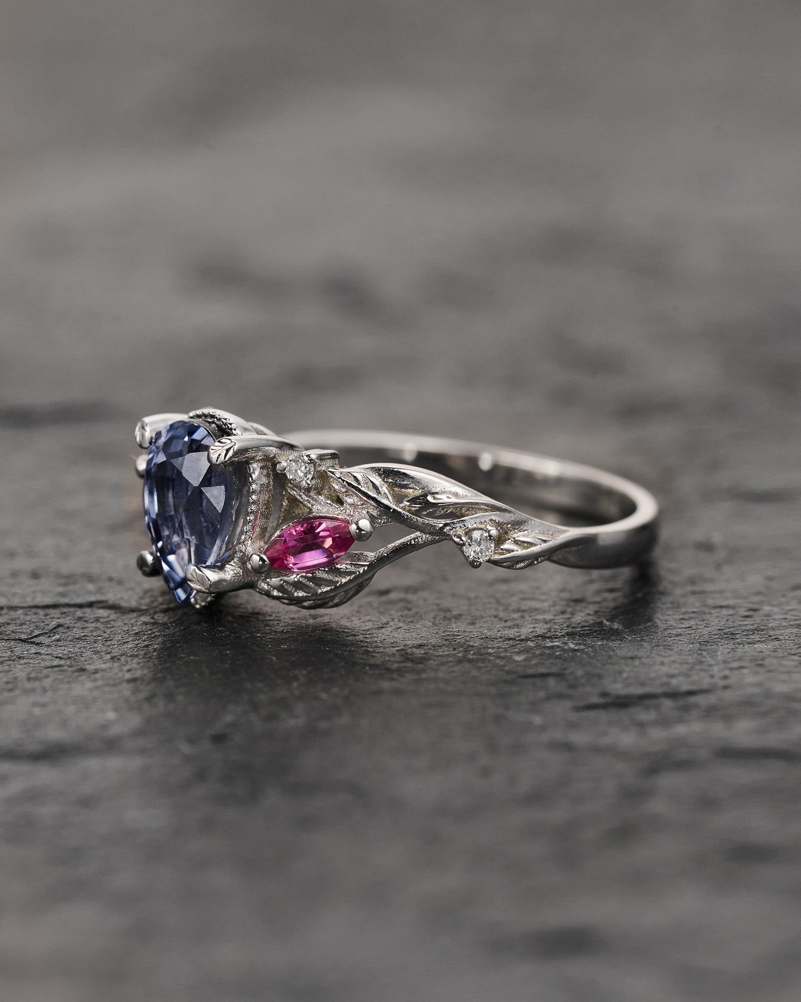 READY TO SHIP: Patricia ring in 14K white gold, central spinel, pear cut 7x5 mm, accent tourmalines and lab diamonds, AVAILABLE RING SIZES: 5.5 - 8.5 US - Eden Garden Jewelry™