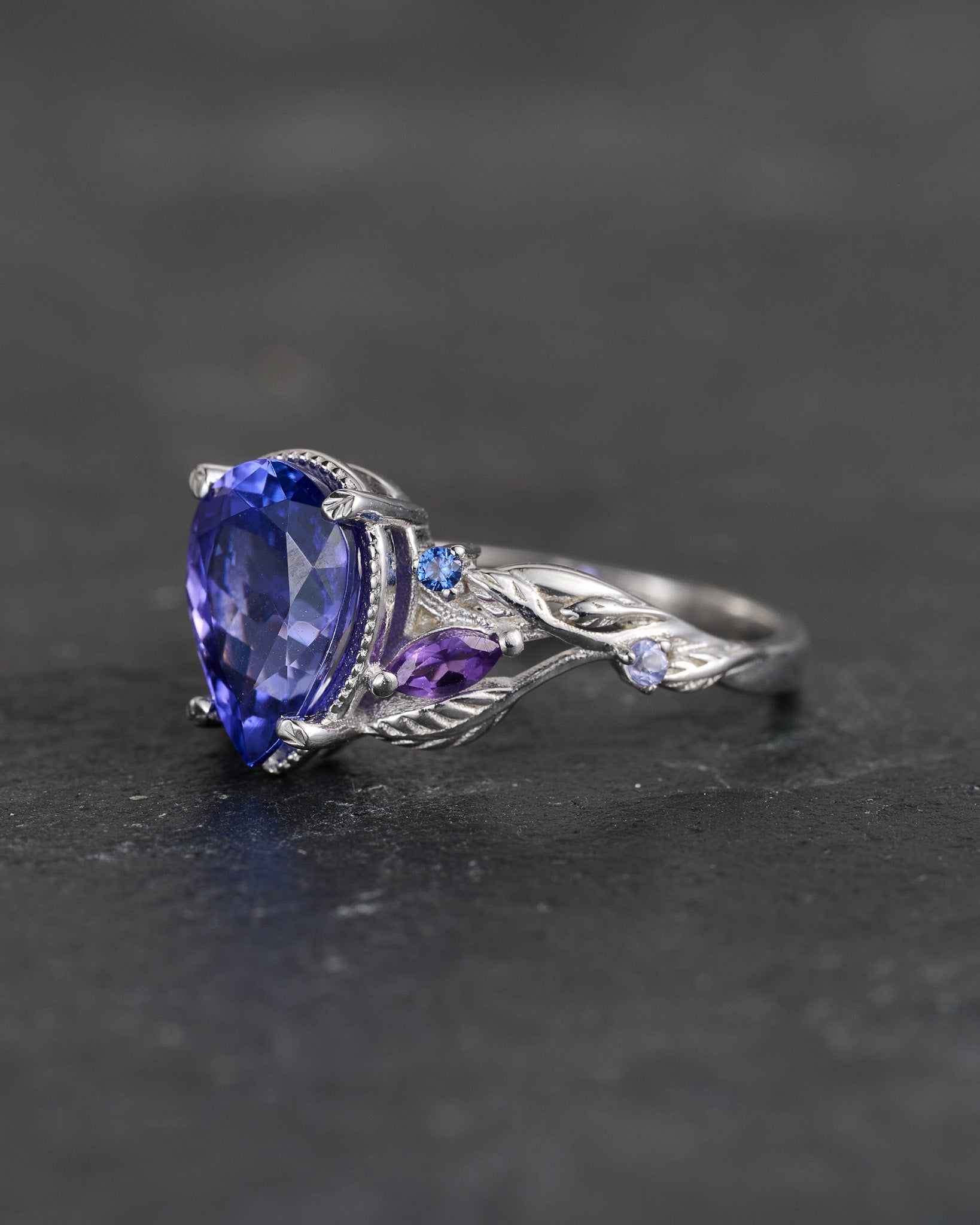 Natural Purple Tanzanite Engagement Ring White Gold Twig Leaf