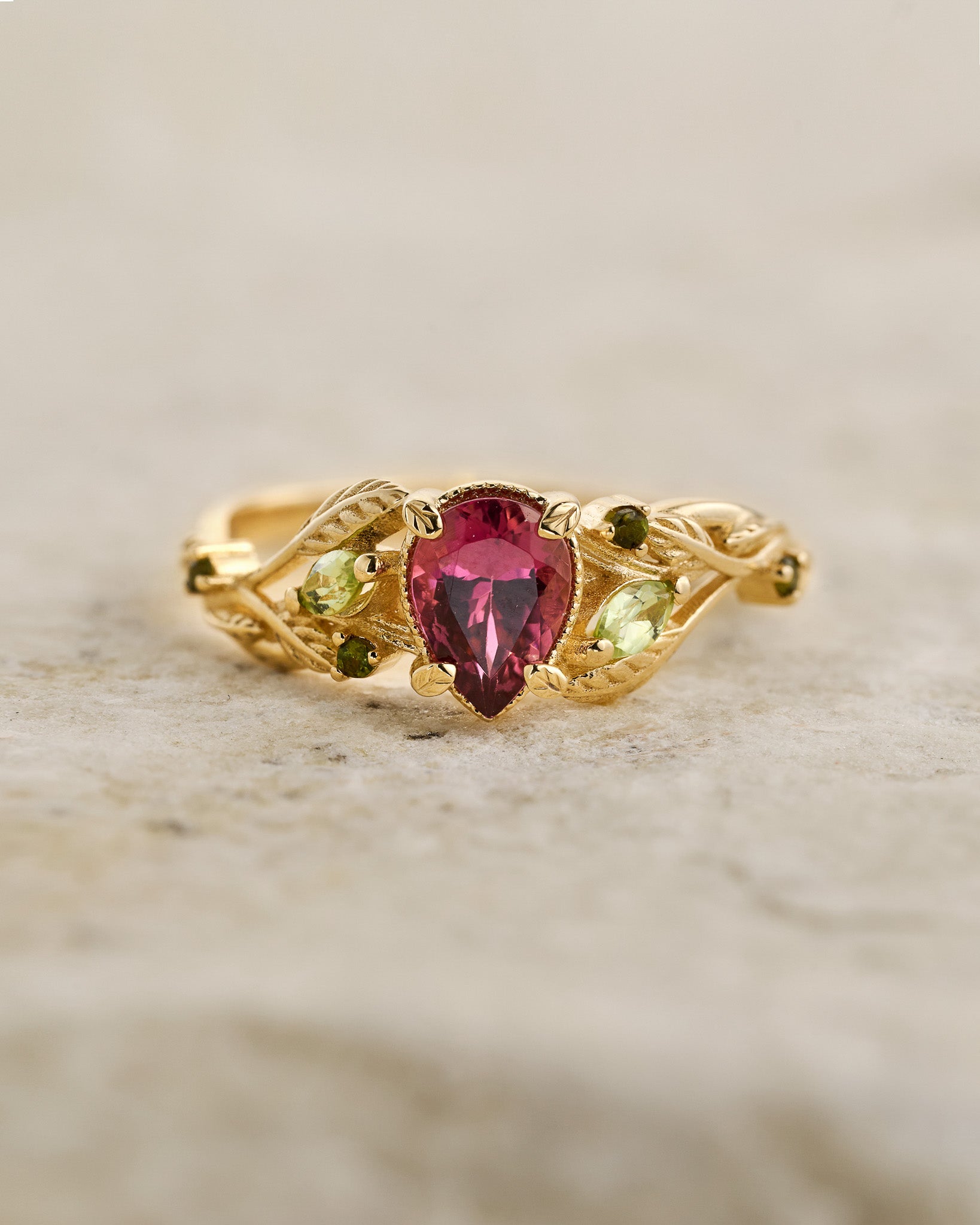 READY TO SHIP: Patricia ring in 14K yellow gold, pink tourmaline, pear cut 7x5 mm, accent peridots & tourmalines, AVAILABLE RING SIZES: 5.5 - 8.5 US - Eden Garden Jewelry™