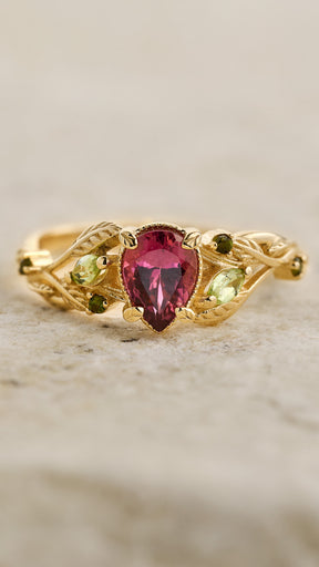 READY TO SHIP: Patricia ring in 14K yellow gold, pink tourmaline, pear cut 7x5 mm, accent peridots & tourmalines, AVAILABLE RING SIZES: 5.5 - 8.5 US - Eden Garden Jewelry™