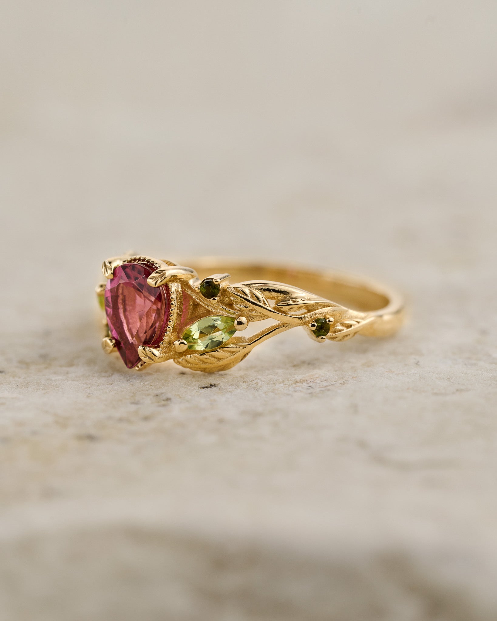 READY TO SHIP: Patricia ring in 14K yellow gold, pink tourmaline, pear cut 7x5 mm, accent peridots & tourmalines, AVAILABLE RING SIZES: 5.5 - 8.5 US - Eden Garden Jewelry™