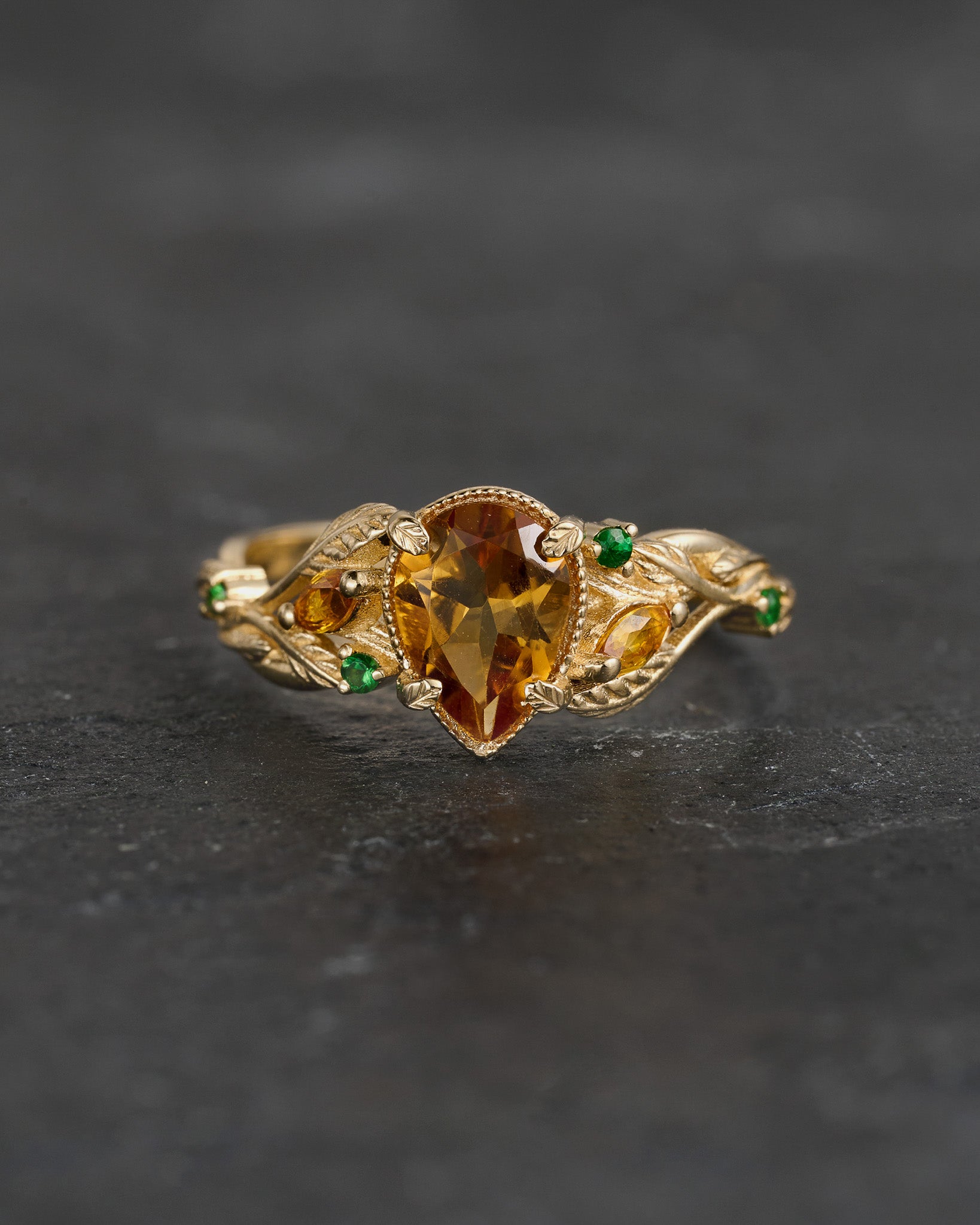 READY TO SHIP: Patricia ring in 14K yellow gold, orange citrine, pear cut 8x6 mm, accent sapphires & garnets, AVAILABLE RING SIZES: 5.5 - 8.5 US - Eden Garden Jewelry™