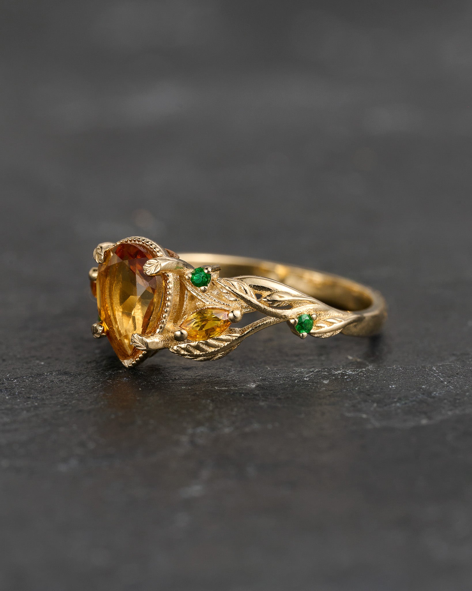 READY TO SHIP: Patricia ring in 14K yellow gold, orange citrine, pear cut 8x6 mm, accent sapphires & garnets, AVAILABLE RING SIZES: 5.5 - 8.5 US - Eden Garden Jewelry™