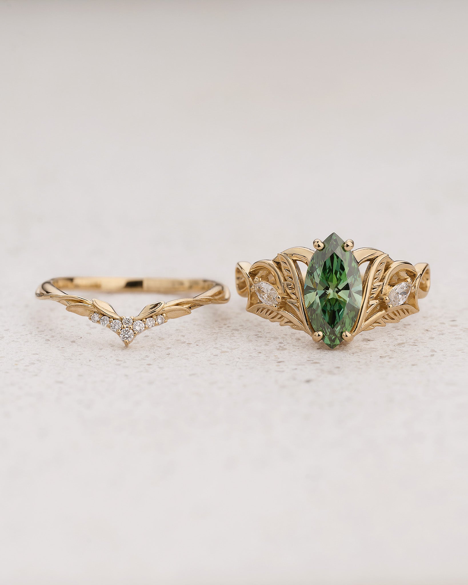 Bridal Set with Marquise Fancy Vivid Green Diamond (Lab-Grown) in Nature Style / Ikar - Eden Garden Jewelry™