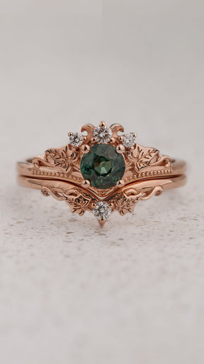 Bridal Set with Round (Natural) Teal Sapphire and Diamonds / Ariadne - Eden Garden Jewelry™