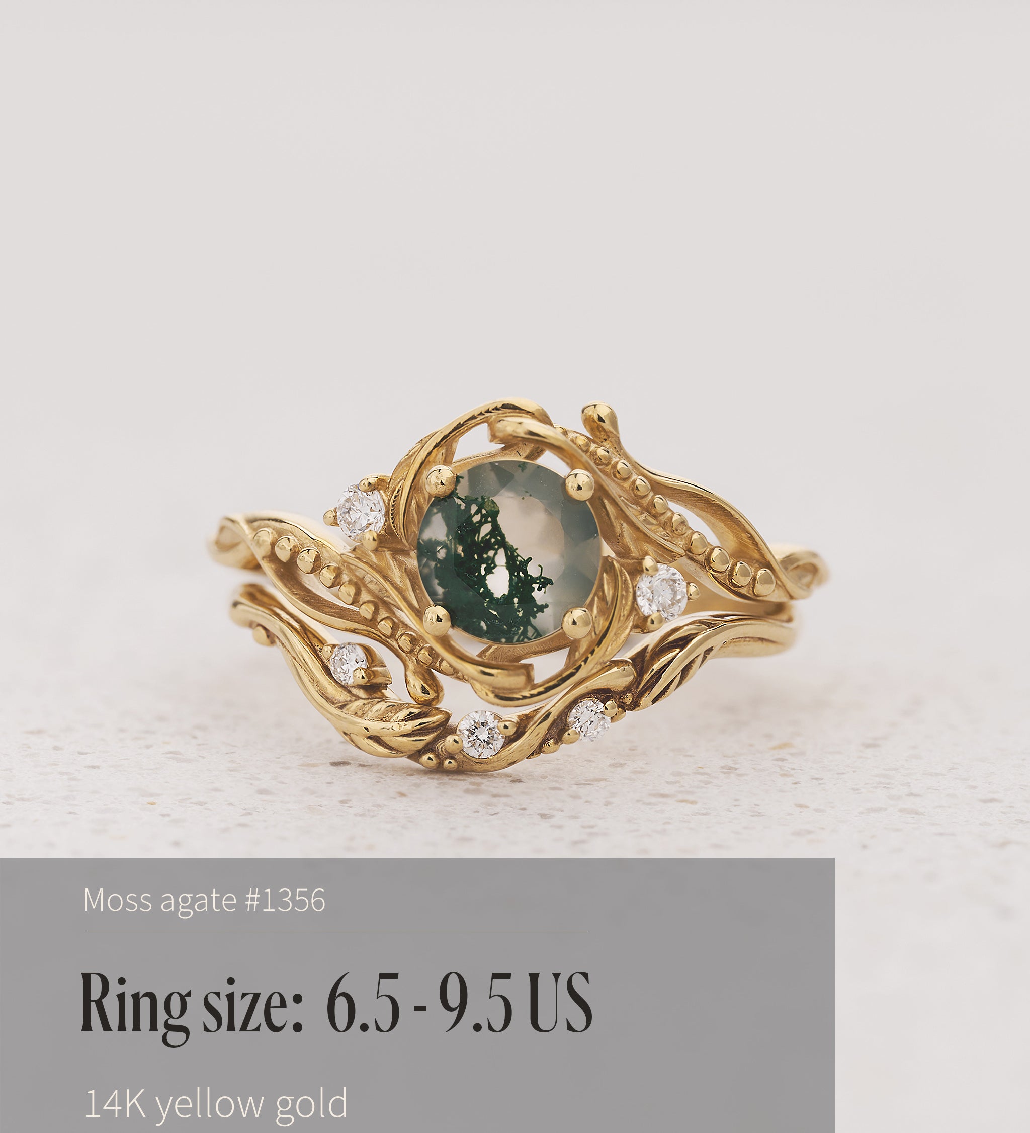 READY TO SHIP: Bridal set Undina beautifully crafted in 14K or 18K yellow gold with moss agate and lab-grown diamonds, AVAILABLE RING SIZES: 6.5 - 9.5 US