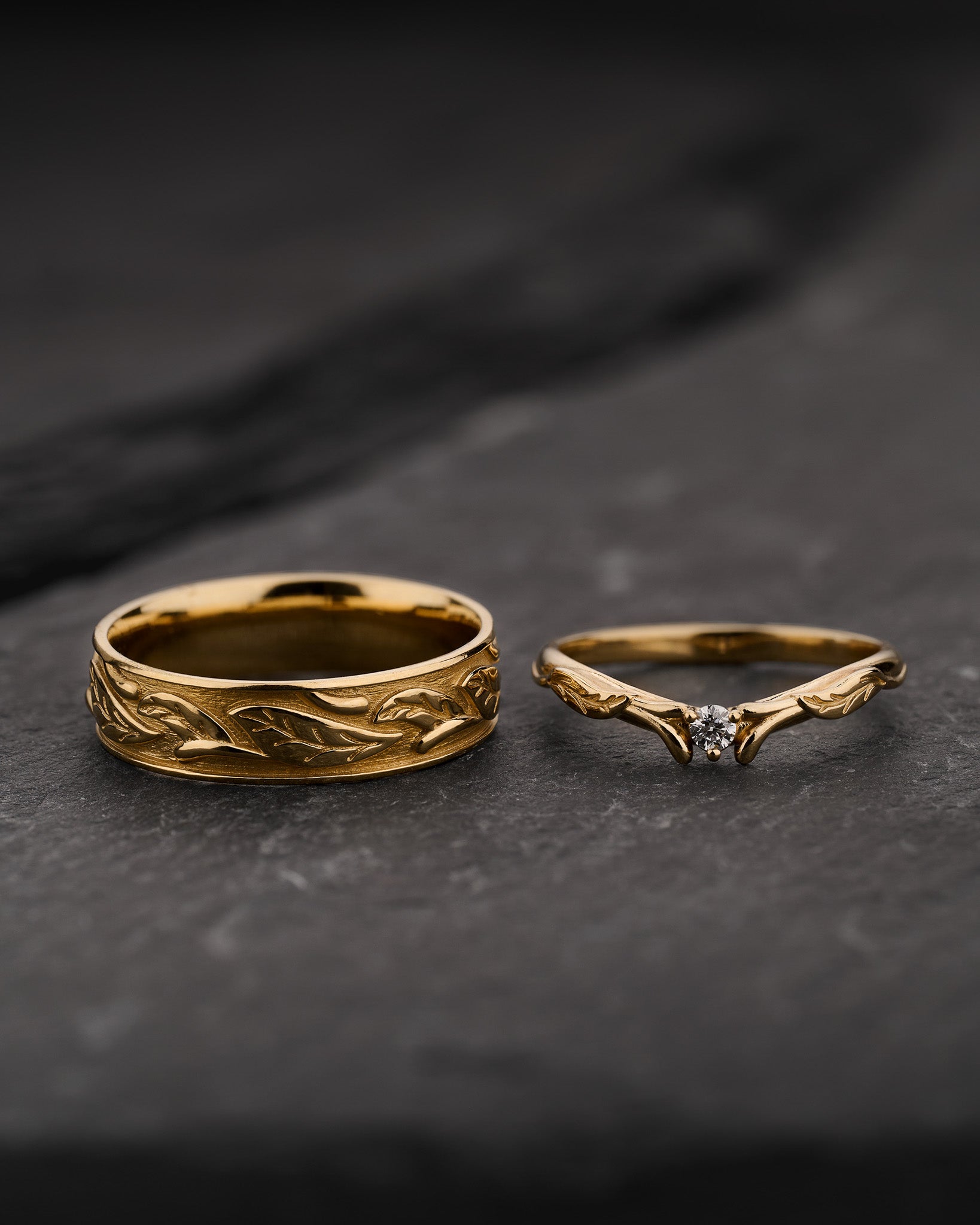 Couple Wedding Band Set with Leaf Design / Wisteria - Eden Garden Jewelry™