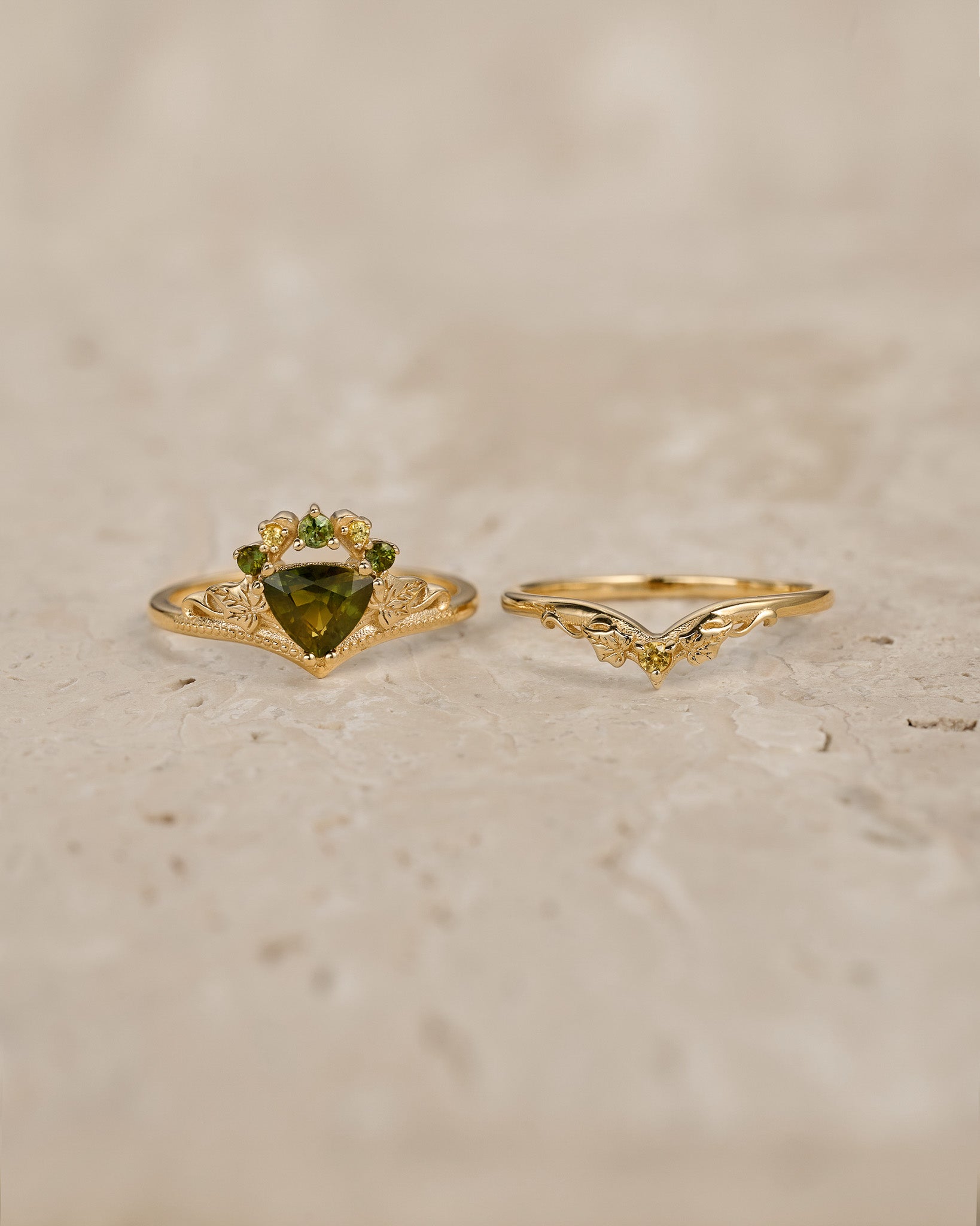 READY TO SHIP: Ariadne bridal set in 14K yellow gold, natural green sapphire, green tourmalines & yellow sapphires, AVAILABLE RING SIZES: 5.5 - 8.5 US - Eden Garden Jewelry™