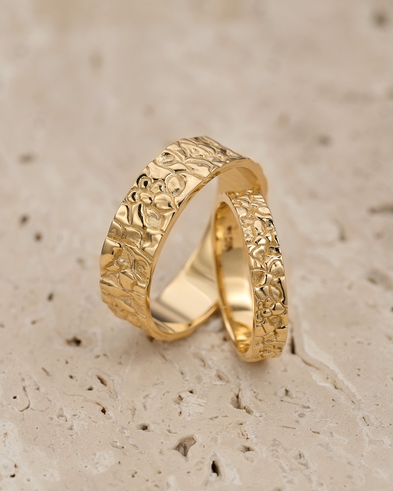 Modern wedding bands set his and hers, textured rings, 14K gold