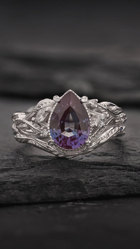 Big alexandrite twig engagement ring set, white gold leaf bridal ring set with marquise cut diamonds  / Patricia - Eden Garden Jewelry™