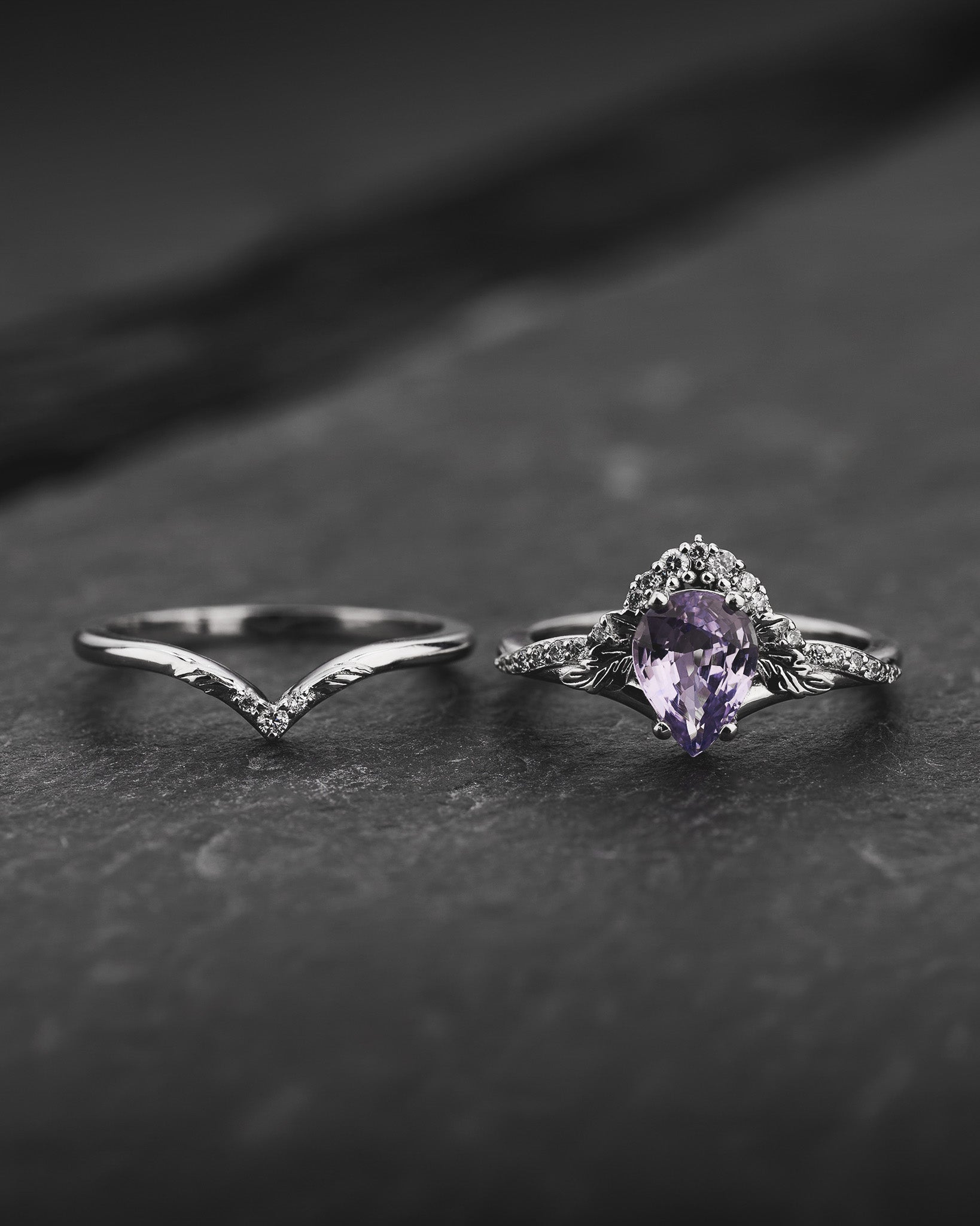 Bridal Set with Pear-Cut Lavender Sapphire and Nature Motif / Amelia - Eden Garden Jewelry™
