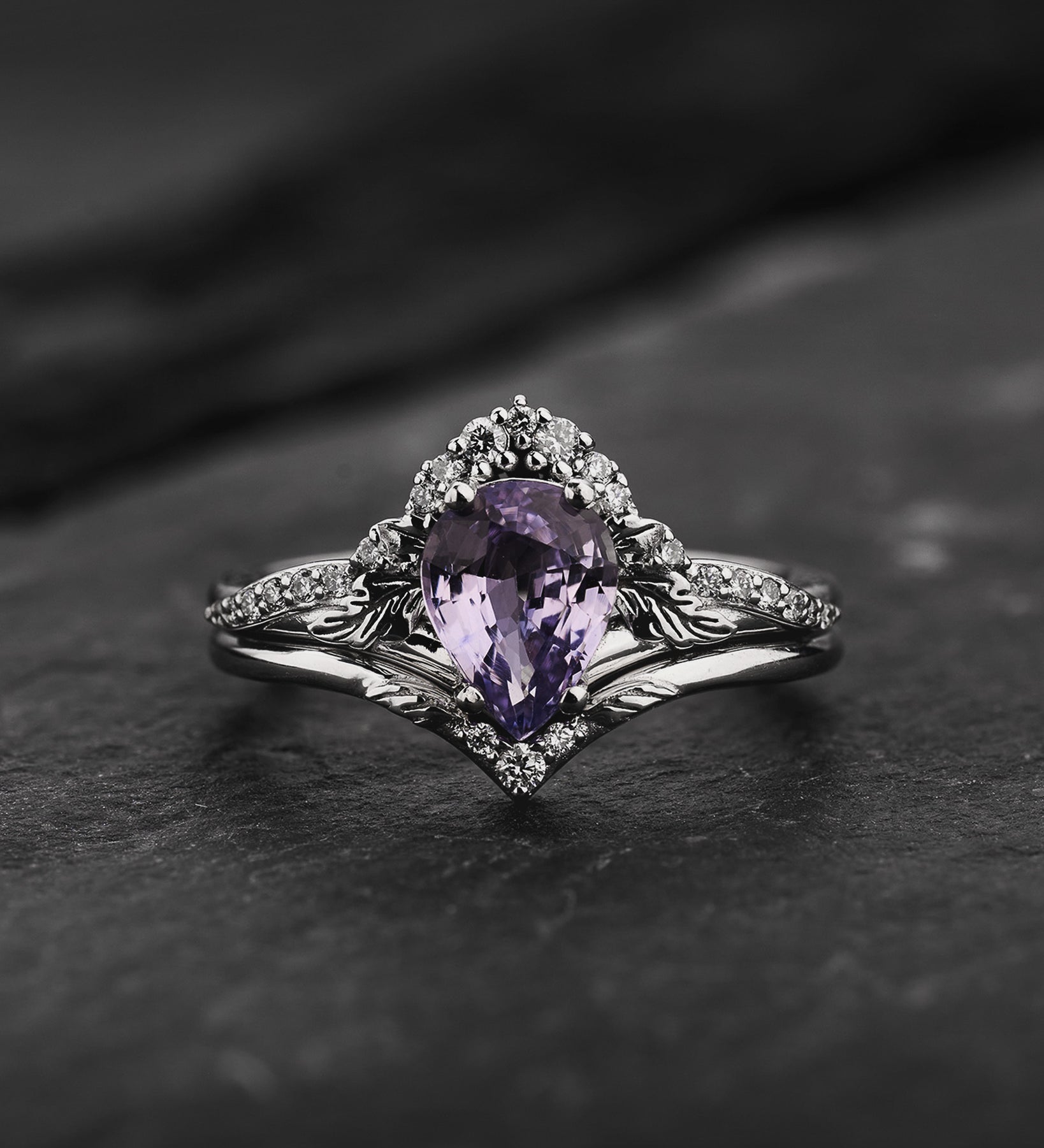 Bridal Set with Pear-Cut Lavender Sapphire and Nature Motif / Amelia - Eden Garden Jewelry™