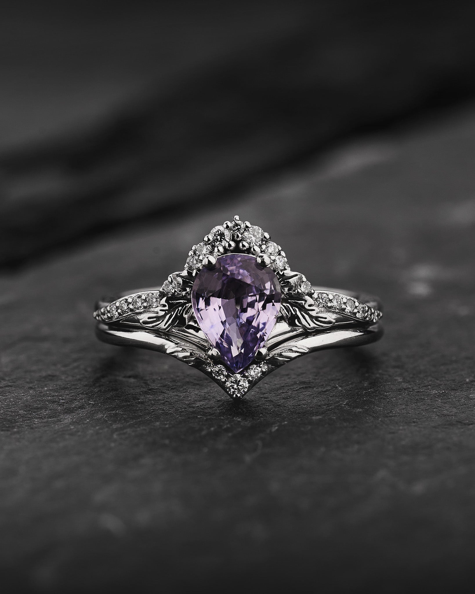 Bridal Set with Pear-Cut Lavender Sapphire and Nature Motif / Amelia - Eden Garden Jewelry™