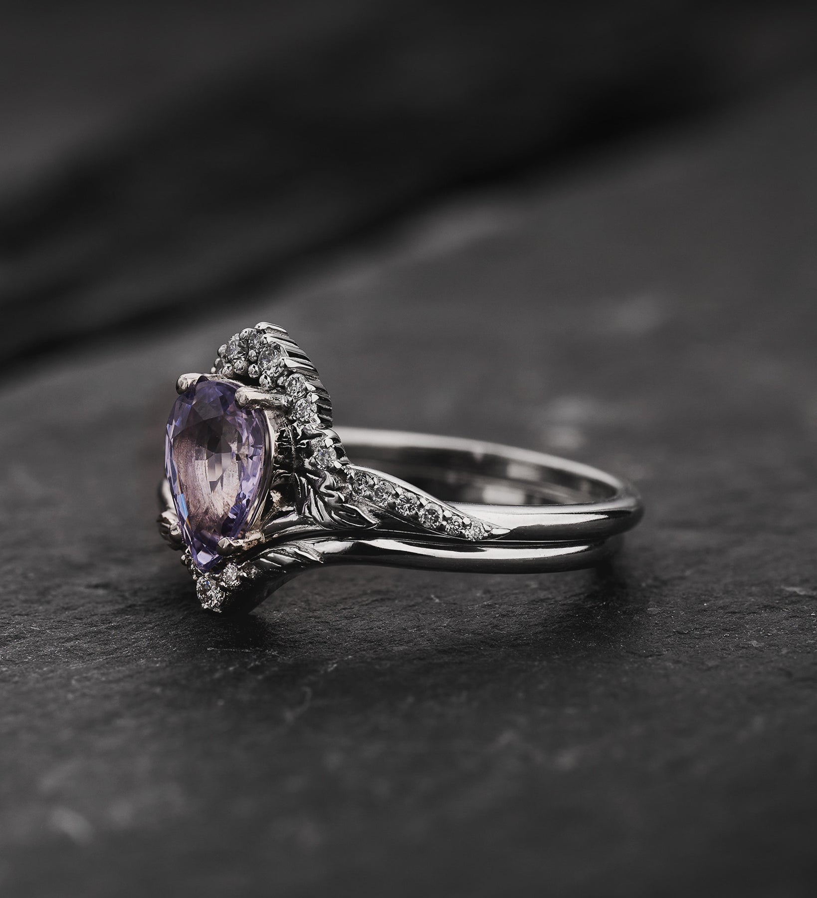 Bridal Set with Pear-Cut Lavender Sapphire and Nature Motif / Amelia - Eden Garden Jewelry™