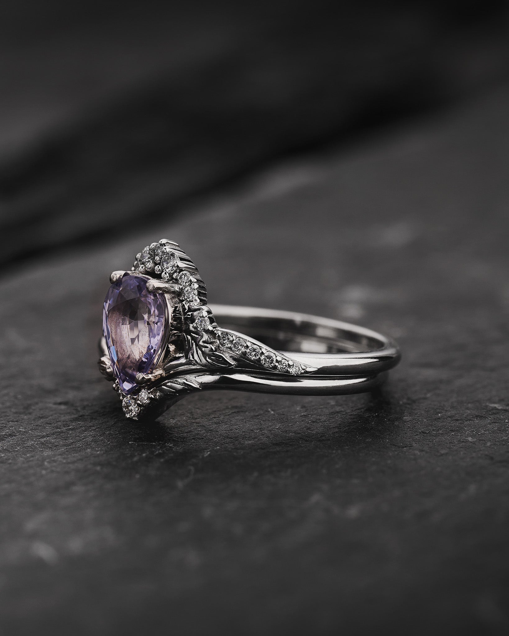 Bridal Set with Pear-Cut Lavender Sapphire and Nature Motif / Amelia - Eden Garden Jewelry™