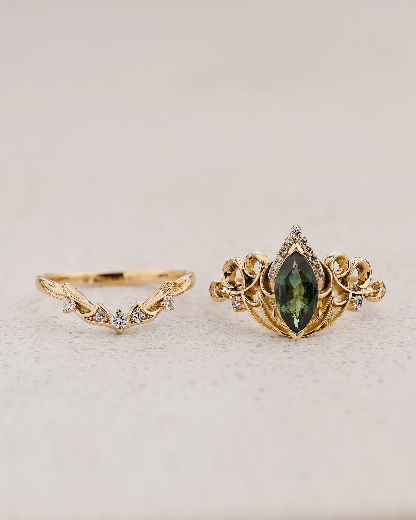 Dragon Inspired Ring Set With Green Marquise Sapphire / Draco - Eden Garden Jewelry™